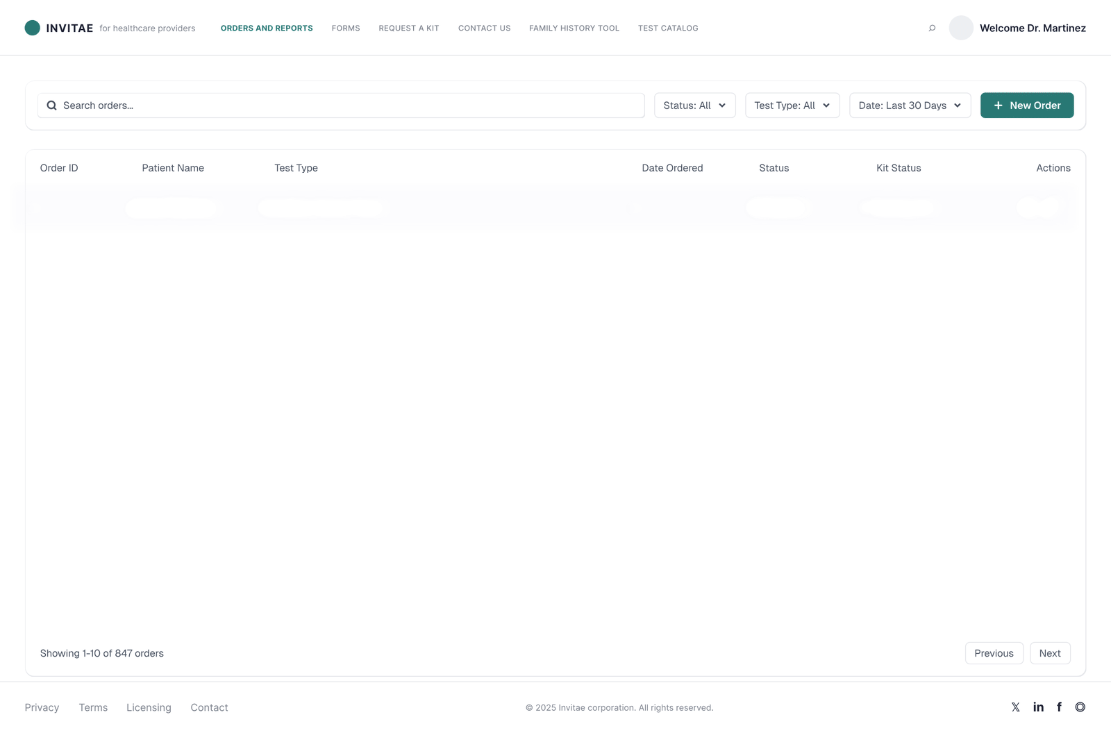 Provider portal orders and reports table, showing patient orders with status, test type, and reporting columns.