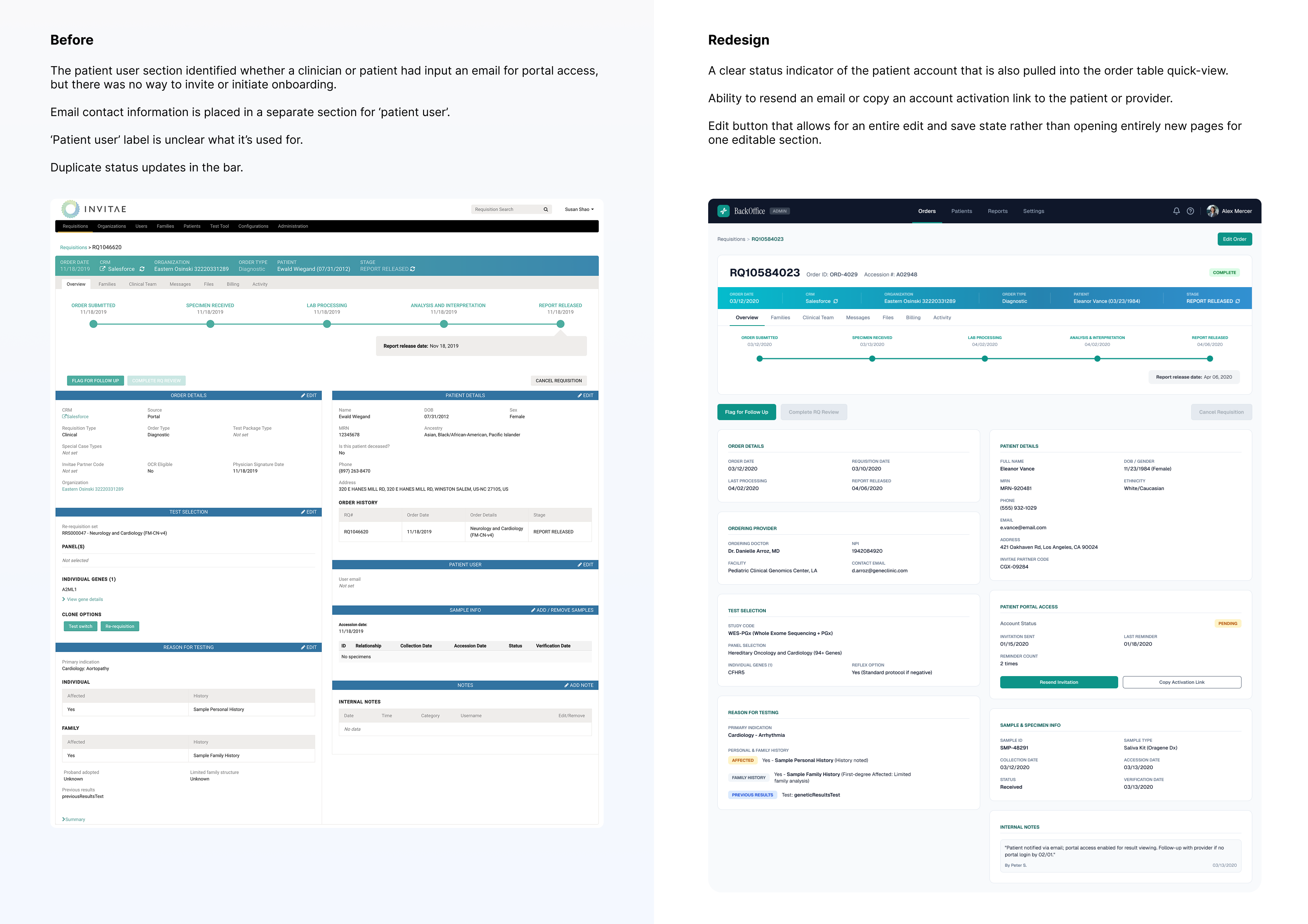 Before and after comparison of the order detail page. Before: the patient user section only showed whether an email was on file for portal access with no way to invite or initiate onboarding, email contact info lived in a separate unclear 'patient user' section, and the status bar had duplicate updates. Redesign: a clear patient portal access status indicator that also surfaces in the order table quick-view, the ability to resend an email or copy an account activation link to the patient or provider, and an edit button that allows an entire edit-and-save state rather than opening new pages for one editable section.
