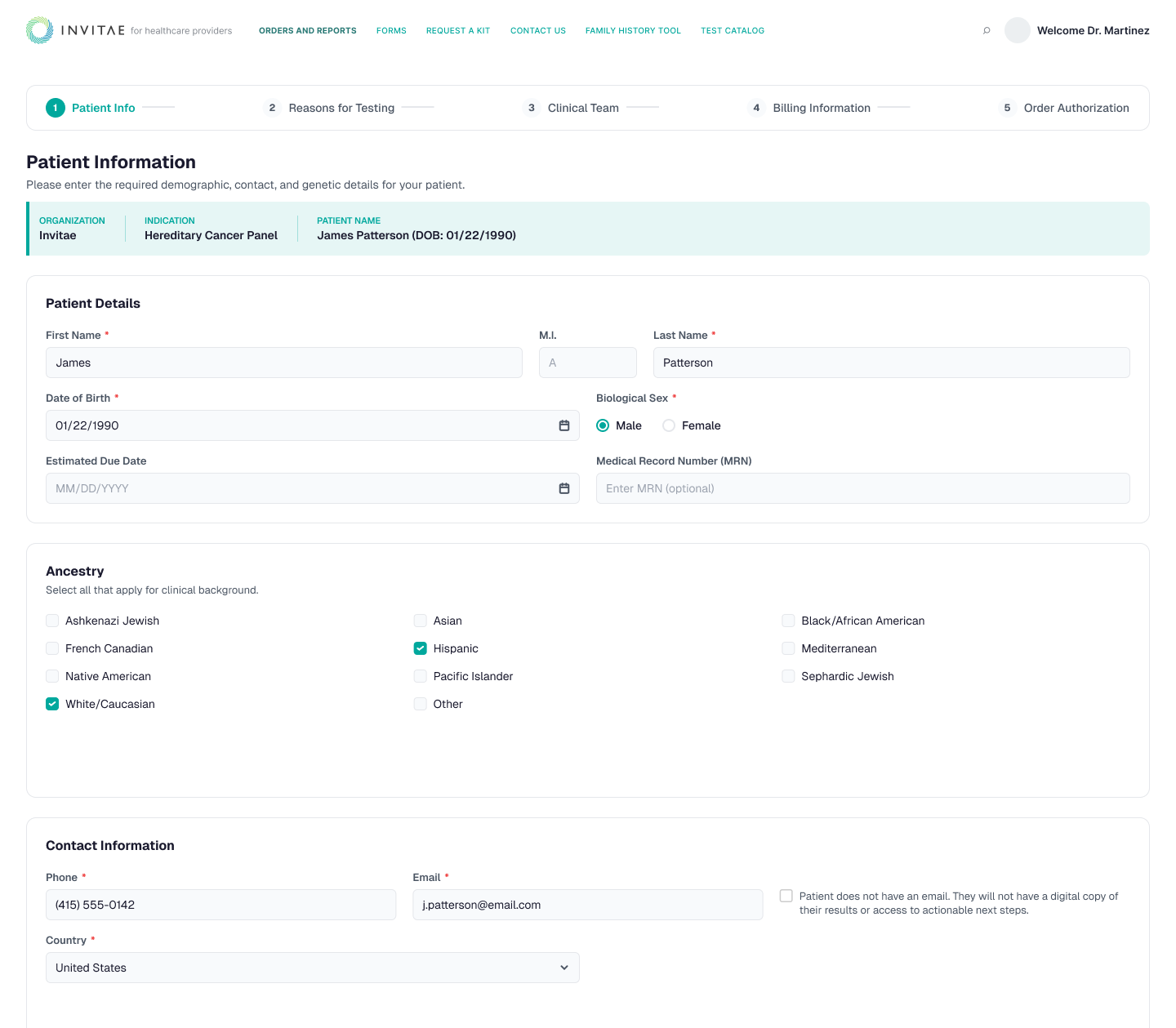 Patient Information step of the new order flow, showing required patient details, ancestry checkboxes, and contact information fields including phone and email.