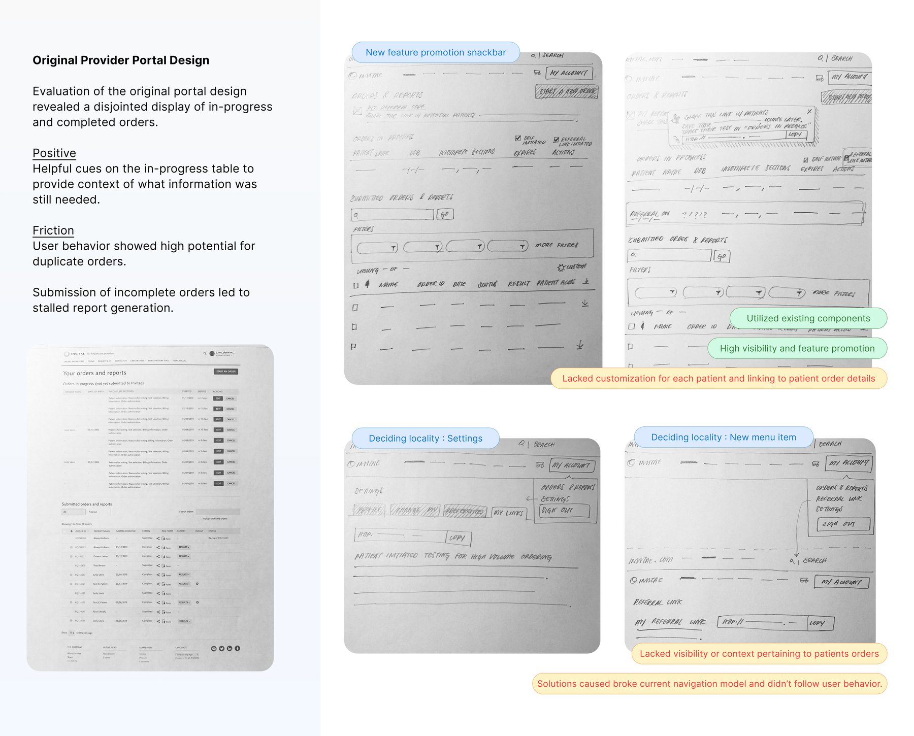 Original provider portal design evaluation next to annotated link iterations — versions exploring a new-feature promotion snackbar, a settings-based locality, and a new top-level menu item, with notes on component reuse, feature visibility, and lack of customization or patient-order context.