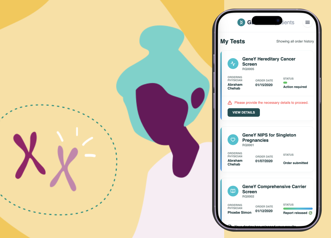 Closing the gap between visit and value cover: an illustrated patient portal mobile screen showing test orders and status, next to abstract genetic-testing imagery.
