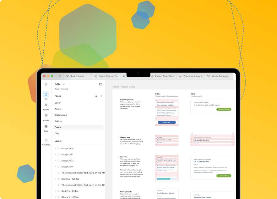 Design System Manager cover: a Figma file showing action progress card components on a colorful abstract background.
