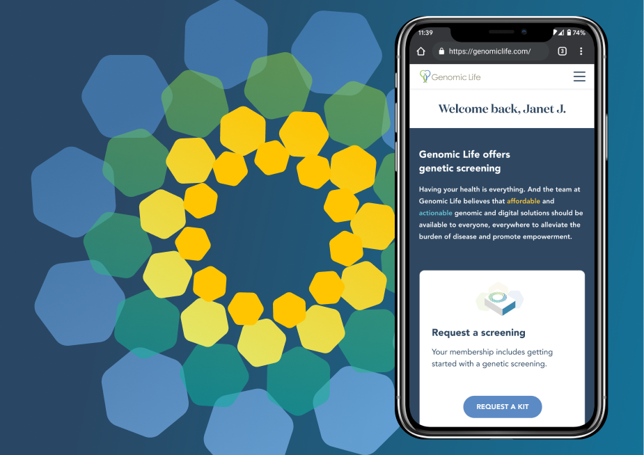 Informative design for confident self-service cover: a phone showing the Genomic Life member portal welcome screen over an abstract green, blue, and yellow geometric pattern.