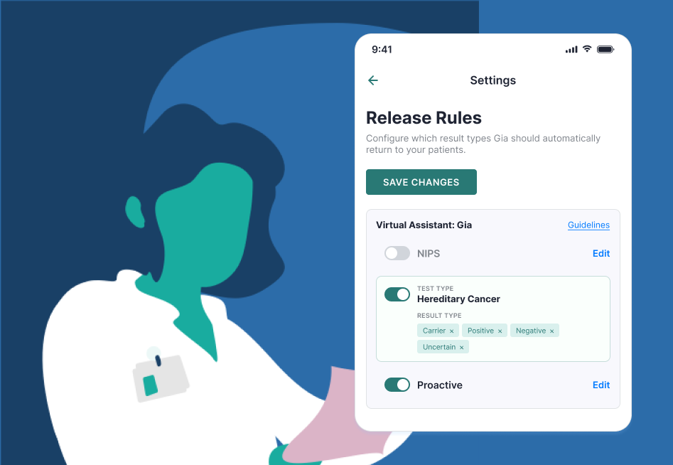 Result delivery with agent assistance cover: an illustrated provider next to a mobile settings screen for Gia's release rules, showing test types, result types, and edit controls.
