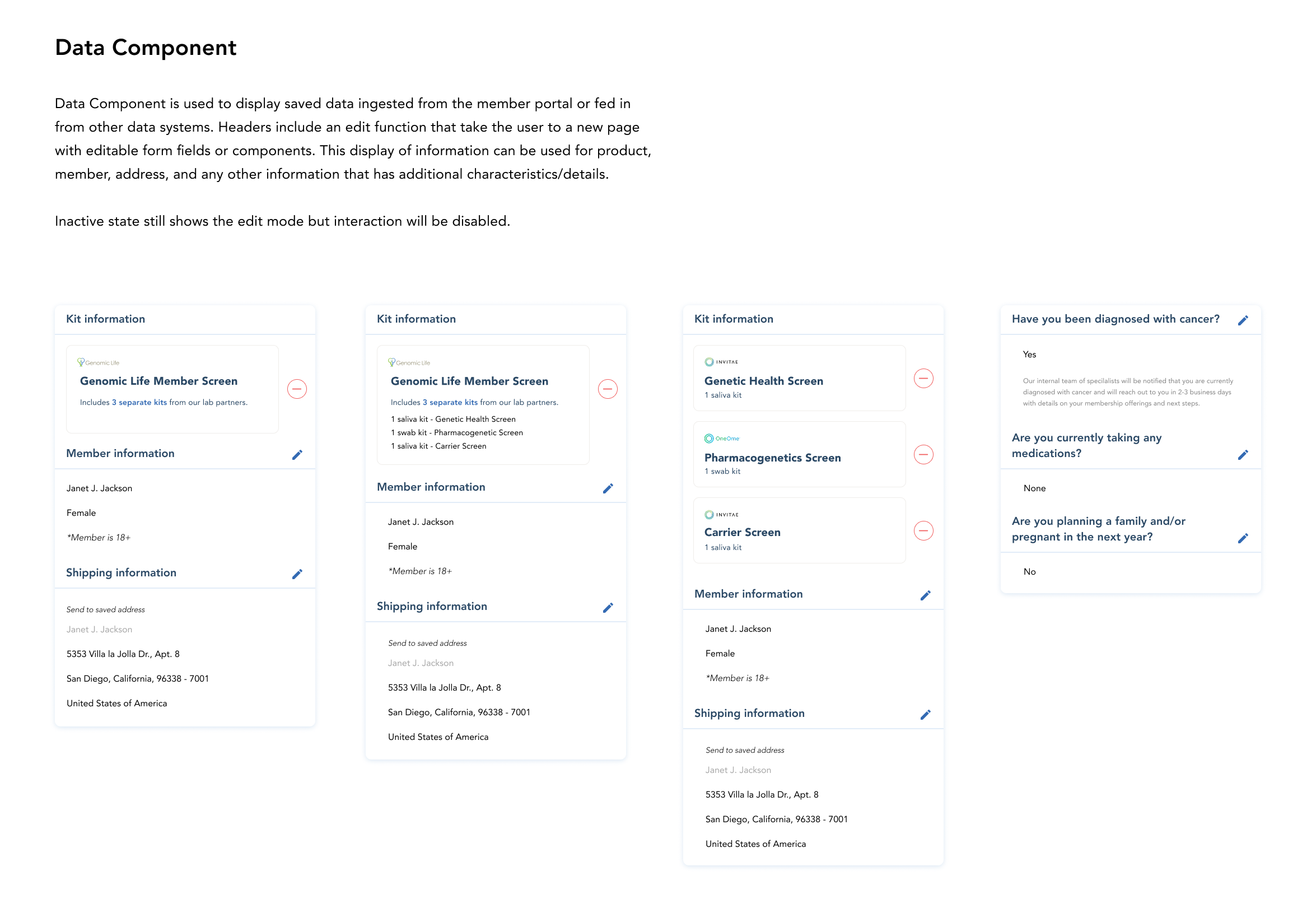 Data component states: Kit information cards with member and shipping information, editable and inactive states, and health survey question components with edit affordances.