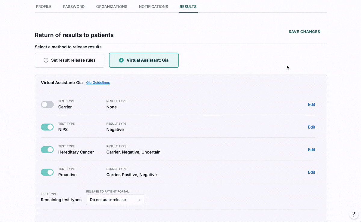 Desktop settings page for Gia's virtual assistant release rules, toggling result types on and off per test and saving customized settings, shown in a Figma Make prototype.