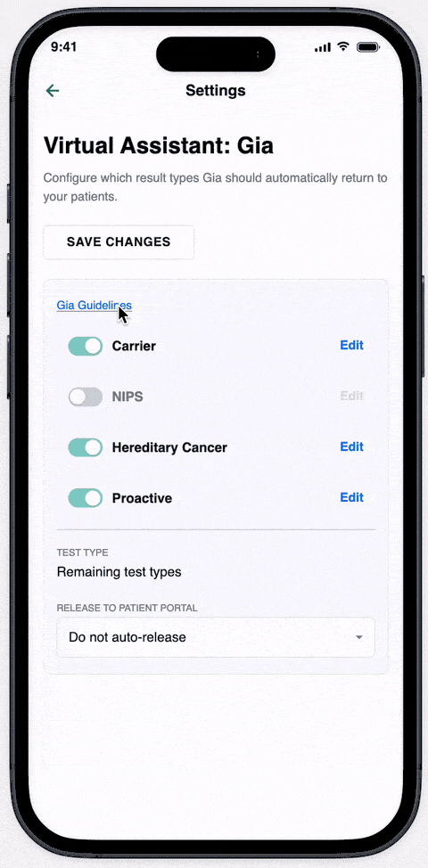 Screen recording of a provider tapping the Gia Guidelines link, opening a modal that introduces Gia and explains how result release, scheduling, and chat transcripts work, prototyped in Figma Make.