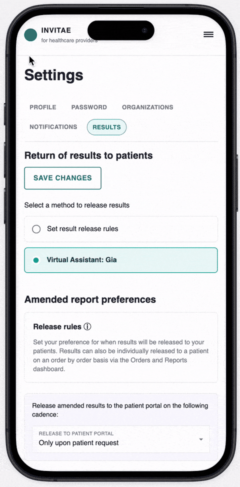 Screen recording of a new mobile page for fine-tuning Gia's result-type settings, opening a dedicated page rather than an inline expanding section, prototyped in Figma Make.