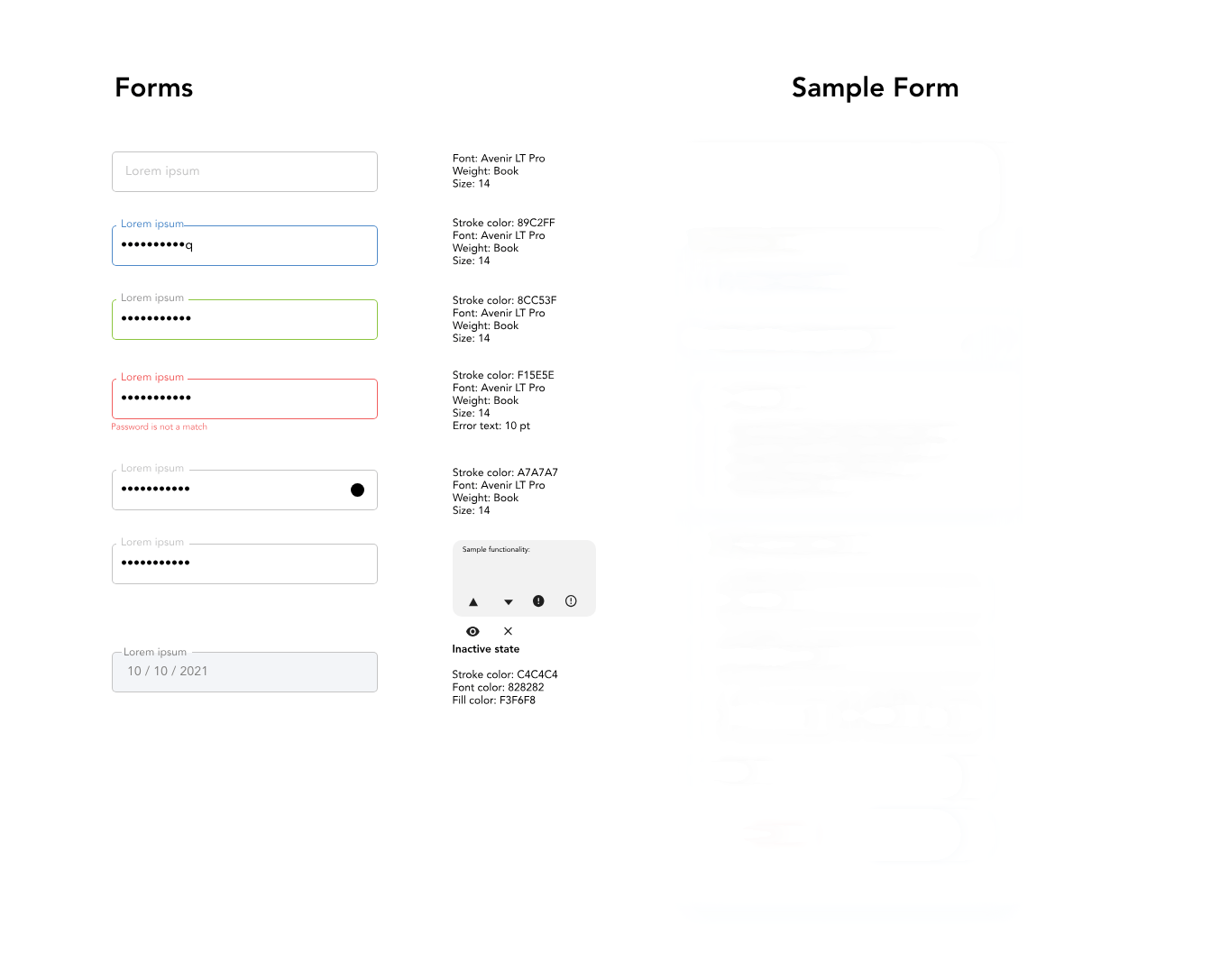 Form field states and sample form: default, focused, valid, error, filled, and disabled inputs, plus a sample form built from the components.
