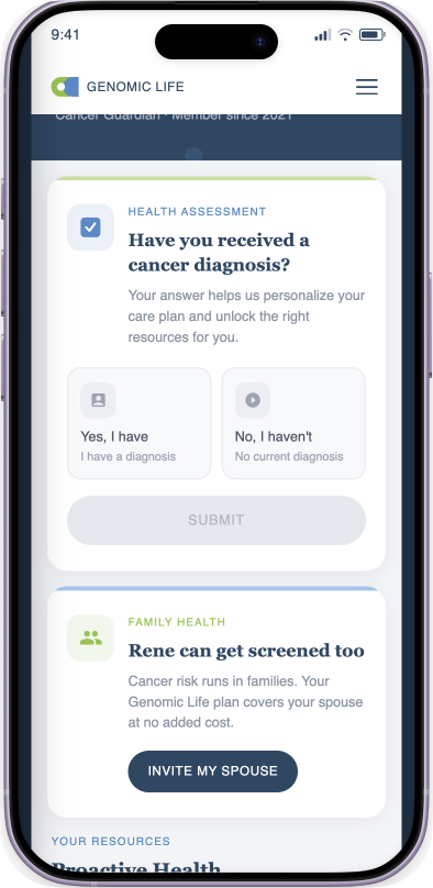 Genomic Life member app screen combining a cancer diagnosis health assessment card with a family health card inviting a spouse to get screened.