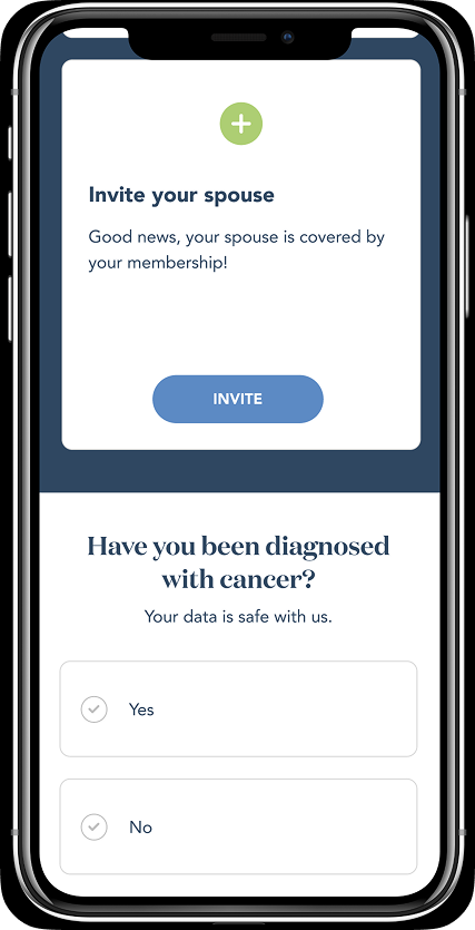 Alternate mockup of the spousal invite and cancer diagnosis screens, shown as separate full-screen steps.