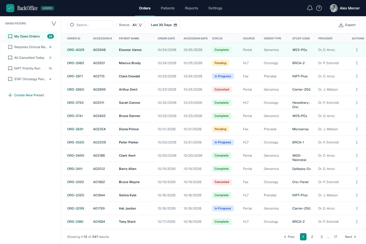 BackOffice admin orders table, listing patient orders with status, source, order type, study code, and ordering provider — where internal teams monitor portal activation.