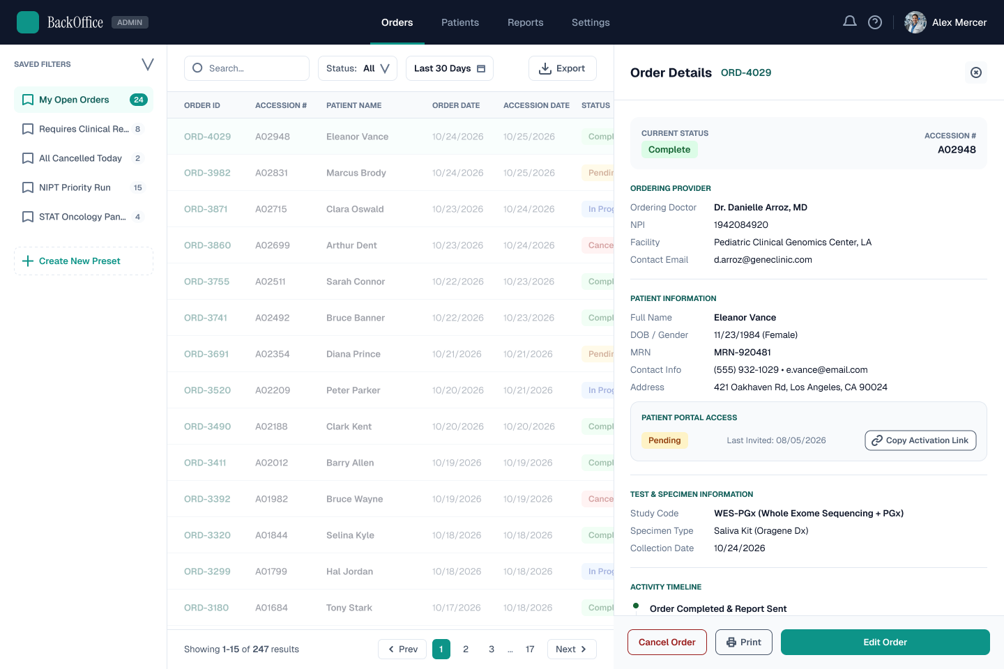 BackOffice admin orders table with an Order Details panel open, showing the ordering provider, patient information, patient portal access status as Pending with a Copy Activation Link button, test and specimen information, and activity timeline.