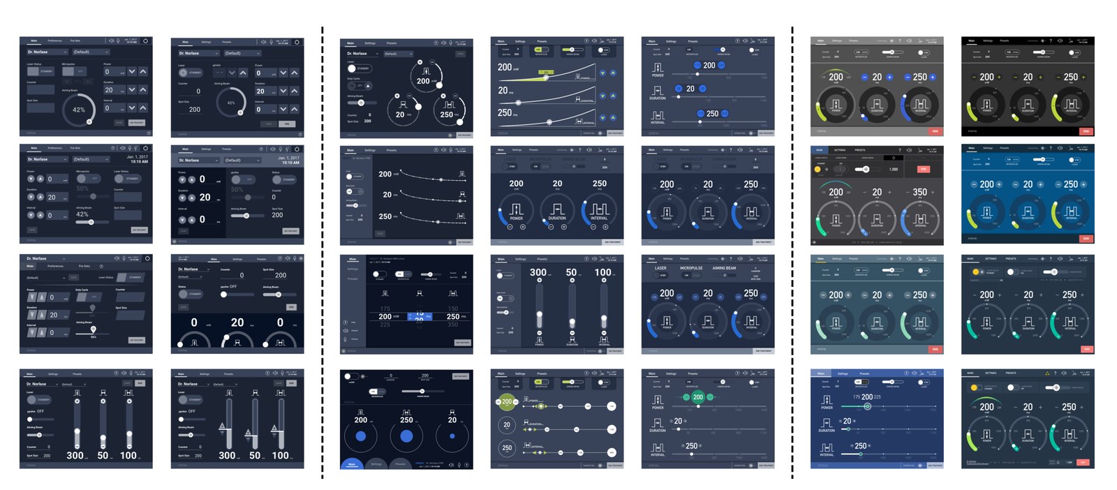Grid of digital GUI iterations for the Dr. Norlase treatment screen across nine months, showing shifting layouts, dial styles, and color themes from dark navy to light backgrounds.