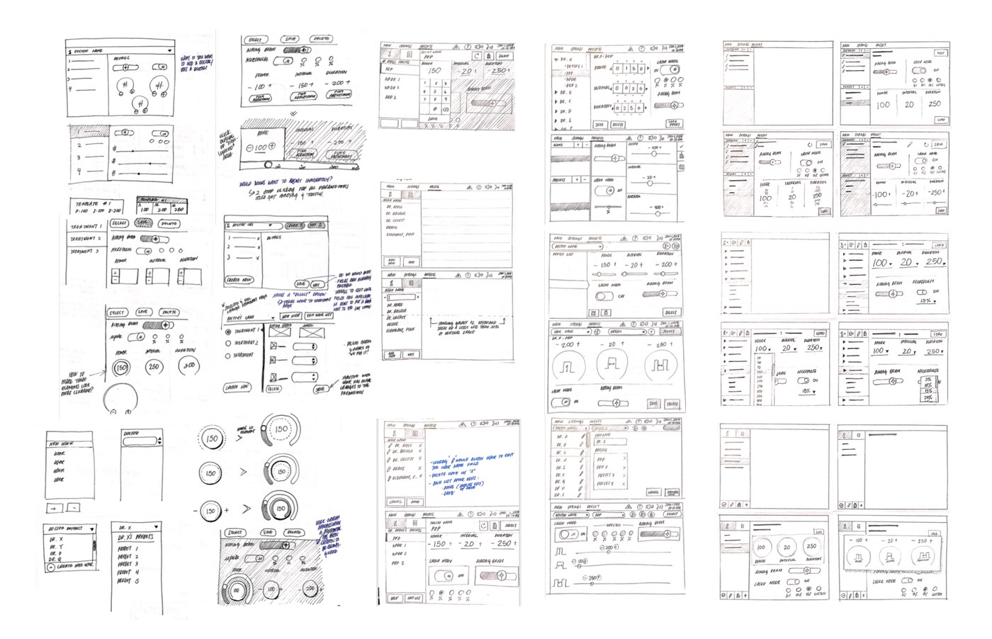 Hand-sketched low-fidelity wireframes on graph paper — doctor lists, treatment presets, power/interval/duration dials, and new-user setup screens, with marginal notes on interaction questions.