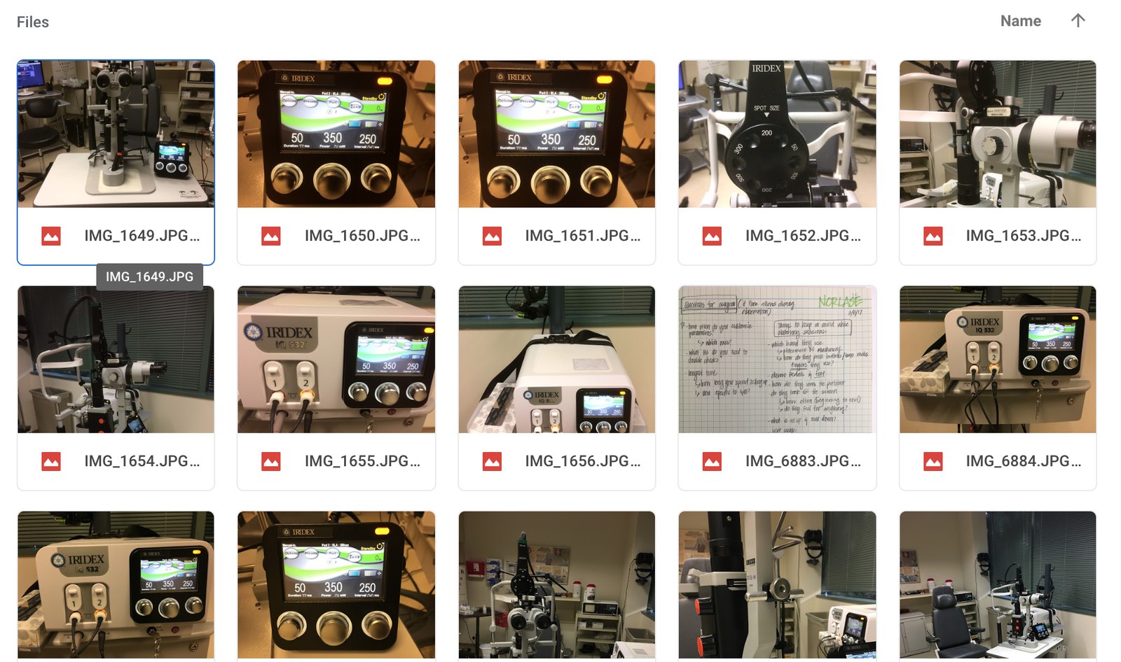 Shared research repository: photos of the existing Iridex laser console in an exam room, handwritten notes titled 'Questions for surgeon,' and reference images of the physical laser hardware and controls.