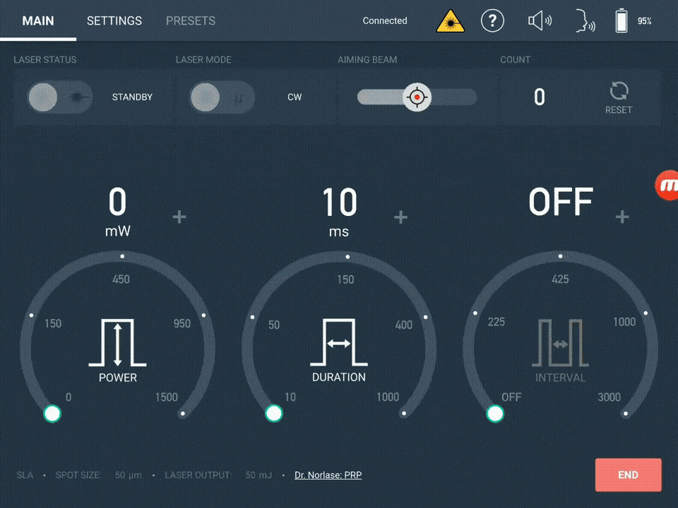 Screen recording of the final Photocoagulator GUI prototype, navigating the Main, Settings, and Presets tabs and adjusting power, duration, and interval dials.