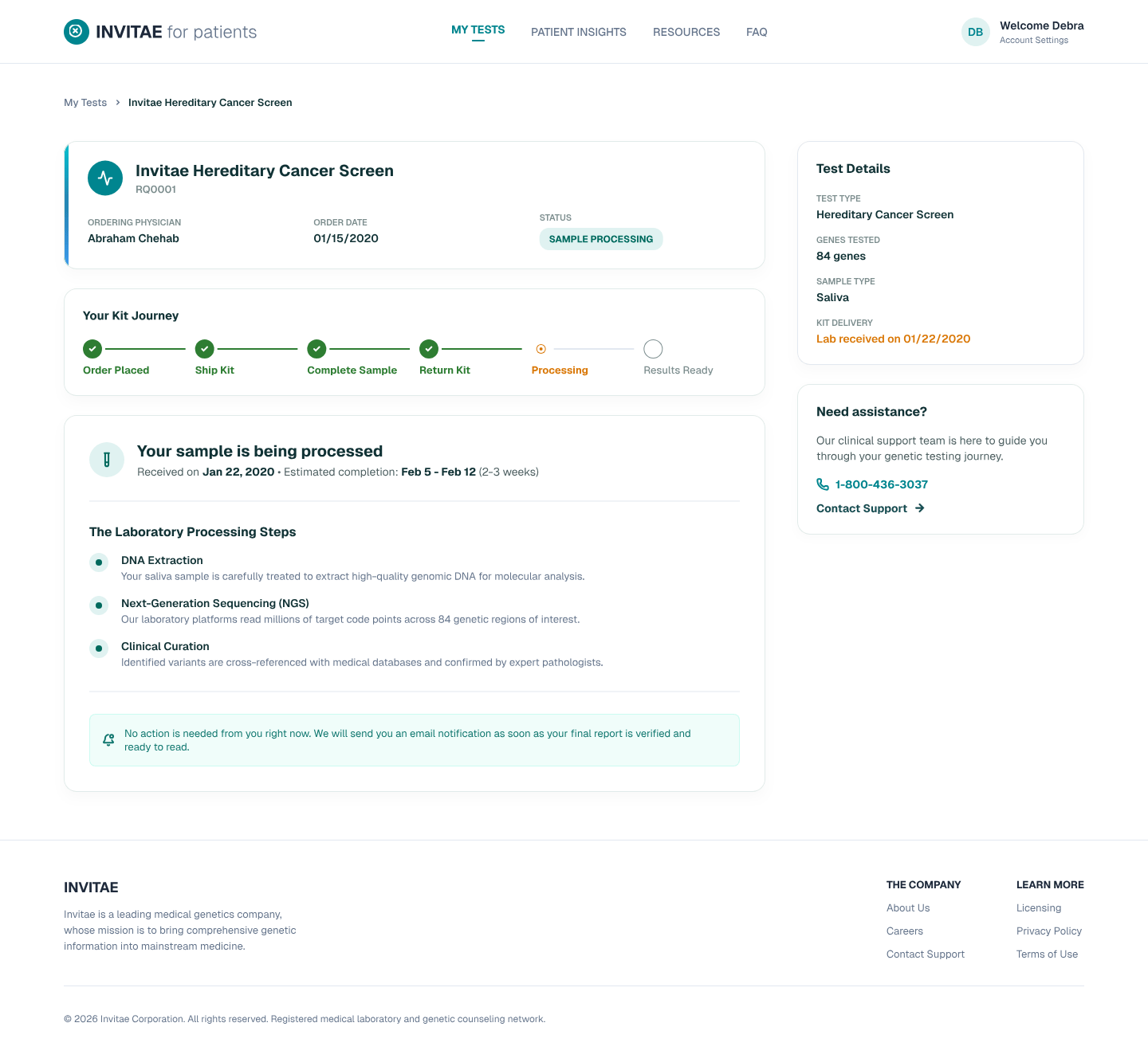 Test detail page showing a kit journey status bar with the sample in the processing stage, plus a breakdown of the laboratory processing steps.