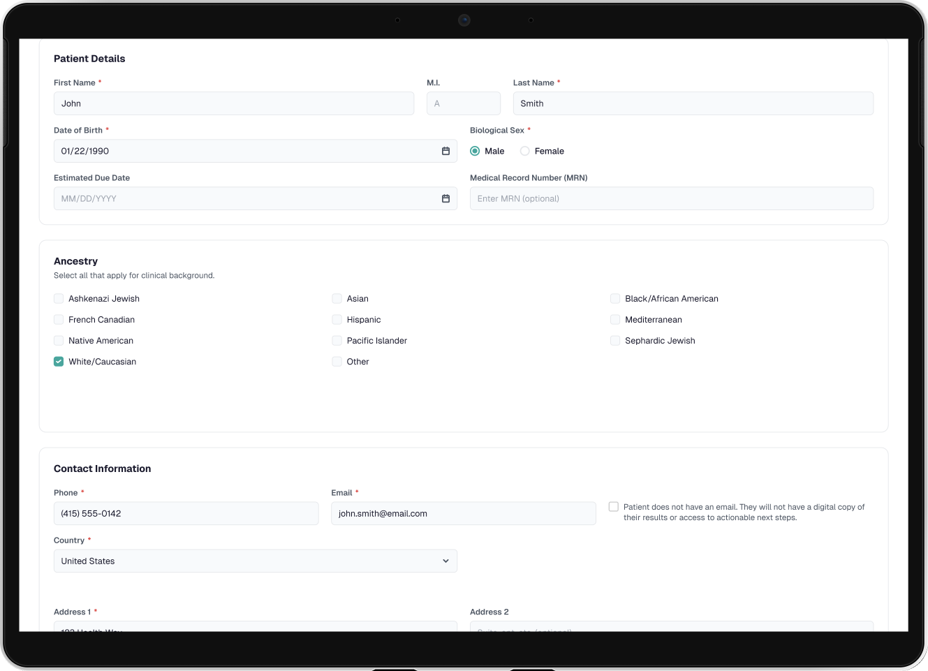 Patient details intake form on a tablet, showing required fields for patient contact and email information within the order flow.