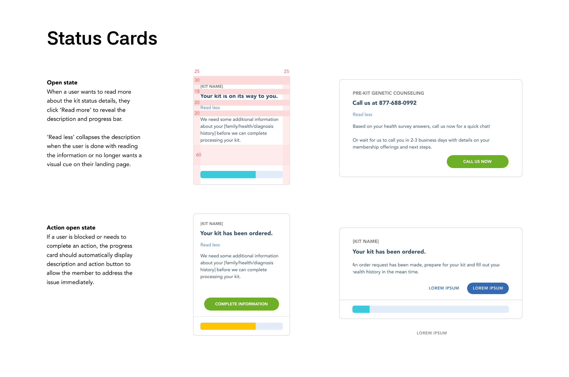 Status card states: open state with expandable read more/read less description and progress bar, and action open state with a call-to-action button for blocked or in-progress kits.